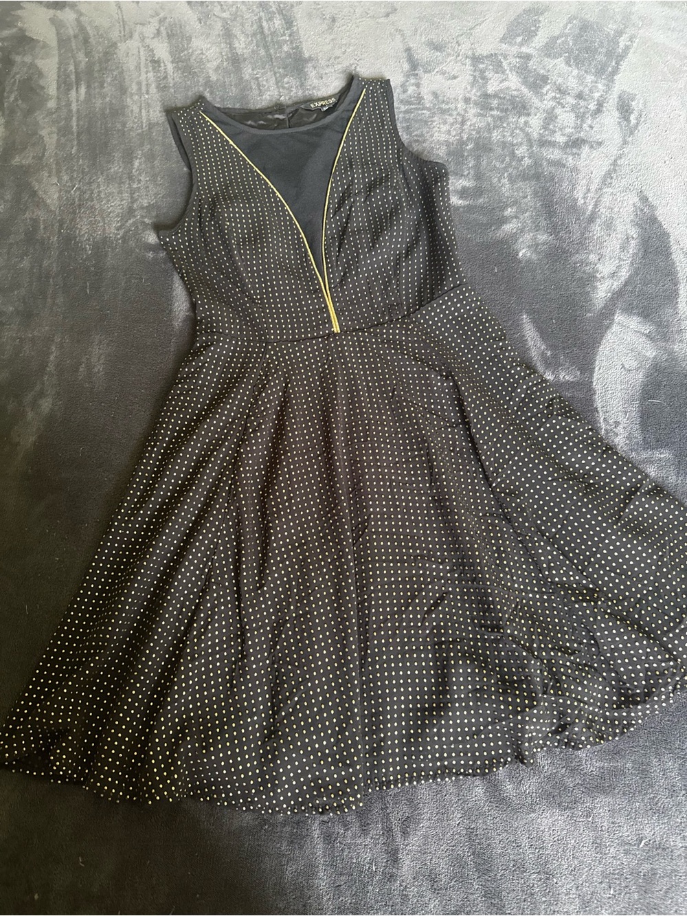 Express Black Polka Dot Mini Dress with Gold Trim